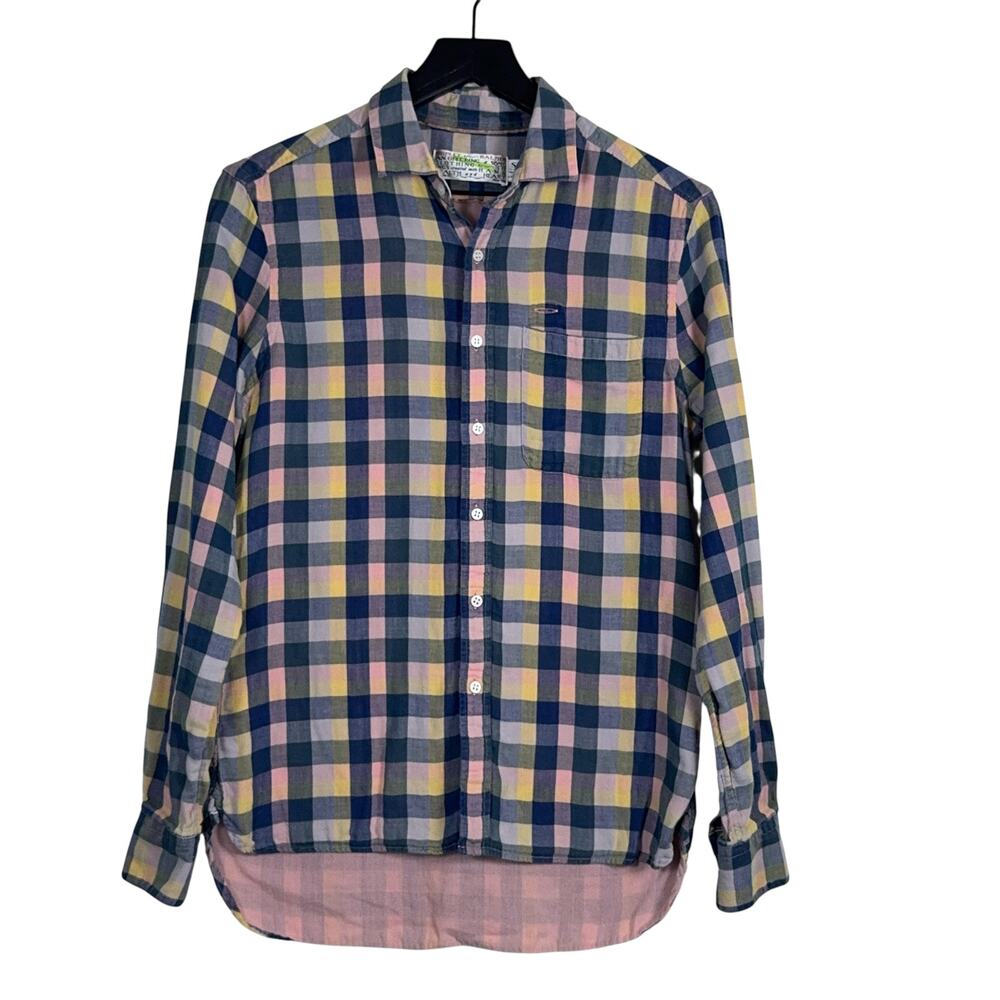 Shipley & Halmos Men’s Small Plaid Button Down Shirt Blue Yellow Pink Cotton